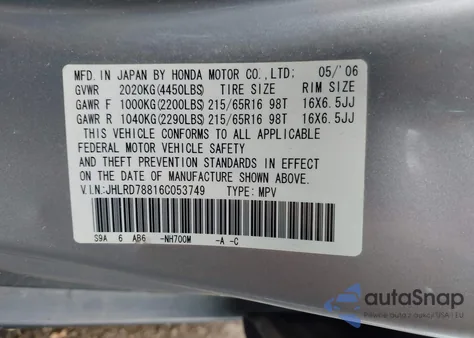 2006 Honda Cr-V Ex from USA, damaged, VIN JHLRD78816C053749